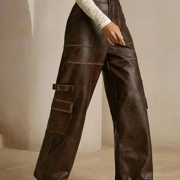 Coffee Brown Casual Women's Merlot Vintage Distressed Faux Cargo Pants - Picture 4 of 6